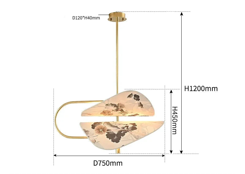 Modern Brass Pendant Light | Italian Akira Leaf Panels Hand Painted Floral | Luxury Dimmable Dining Fixture