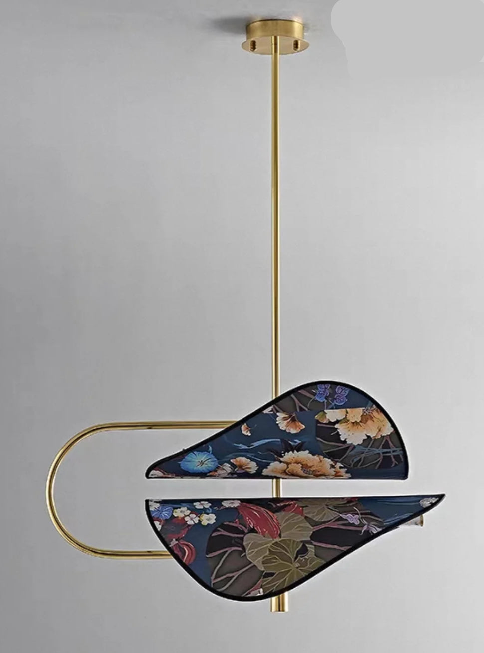 Modern Brass Pendant Light | Italian Akira Leaf Panels Hand Painted Floral | Luxury Dimmable Dining Fixture
