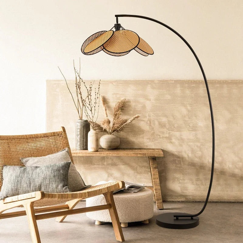 Arc Floor Lamp Stainless Steel Base Rustic Japandi Design Dimmable Modern Knitted Rattan Led