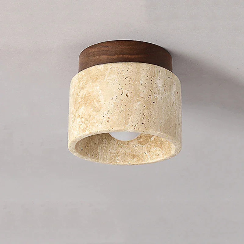 Modern Flush Mount Ceiling Light with Natural Stone and Wood Accent – Minimalist Cylinder Design