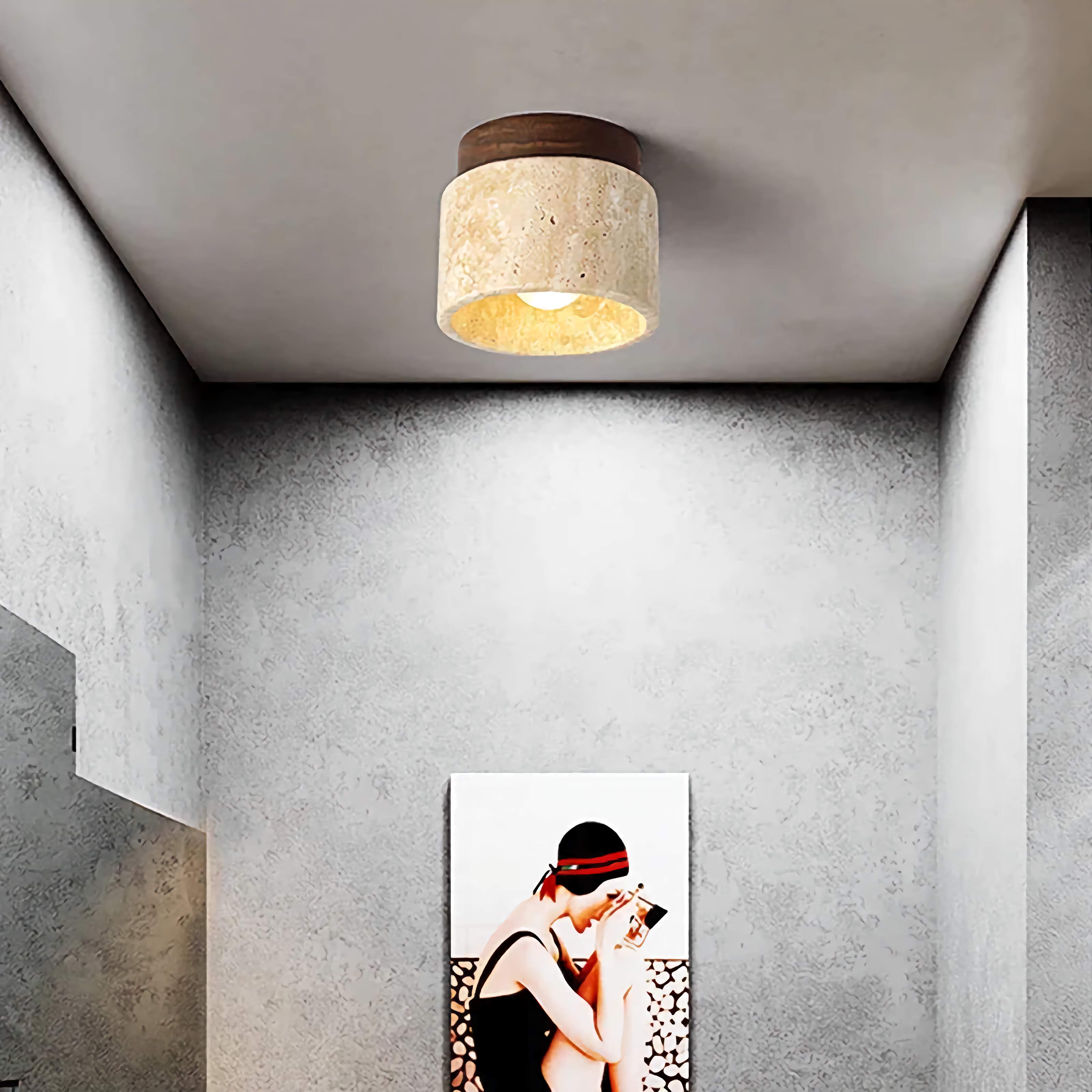 Modern Flush Mount Ceiling Light with Natural Stone and Wood Accent – Minimalist Cylinder Design