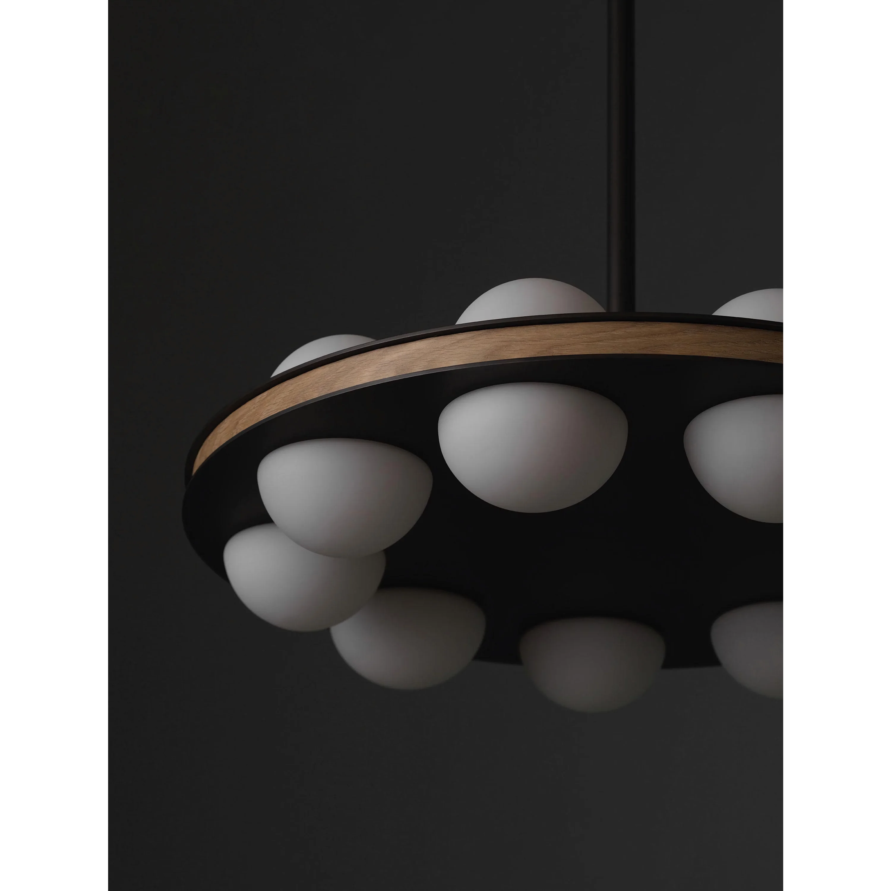 Array Modern Walnut Ring Chandelier | 16 Light Circular Globe Fixture | Sculptural Ceiling for Dining or Office