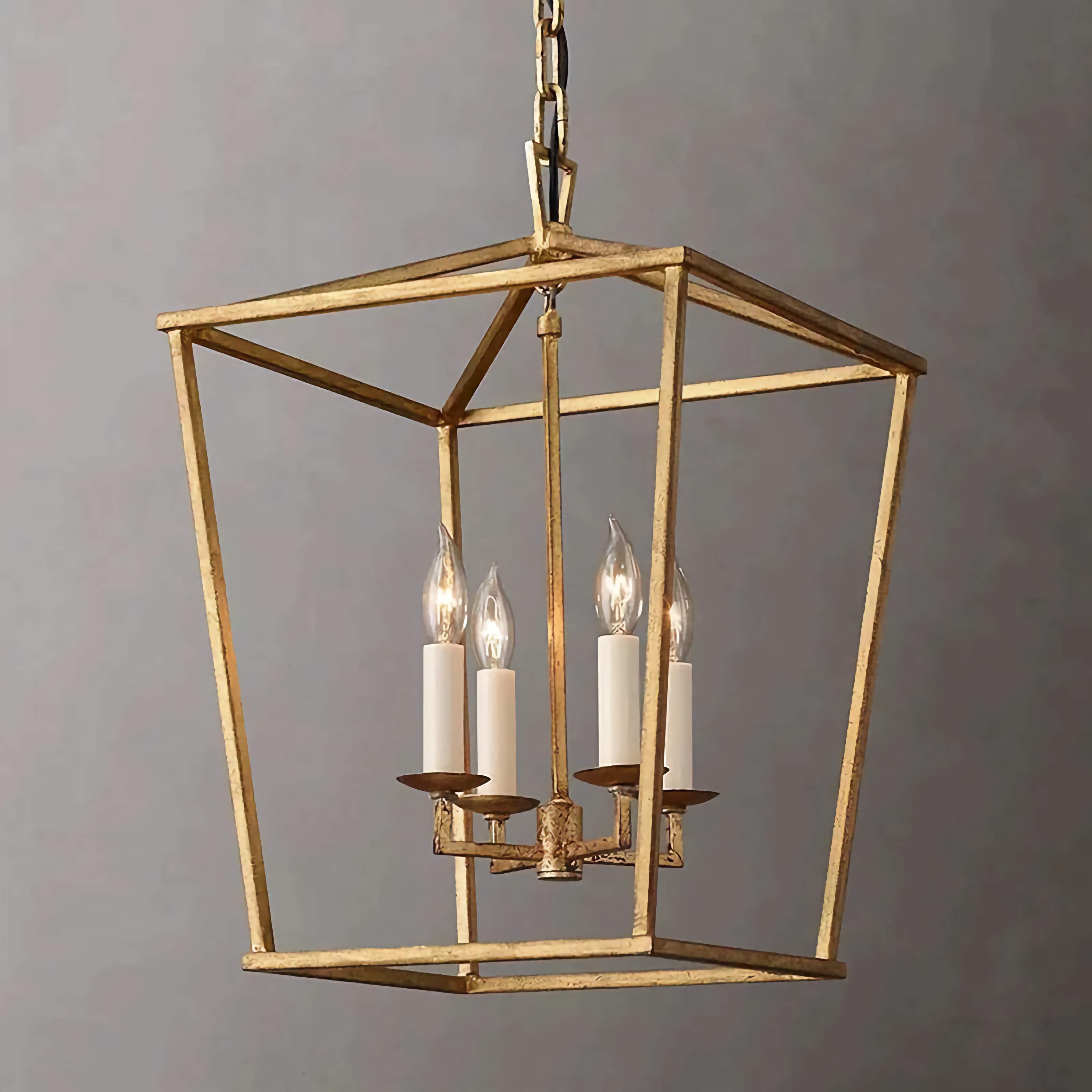 Gold Lantern Pendant Light with 4 Candle Lights – Open Frame Foyer Chandelier for Entryway Kitchen Island or Dining Room