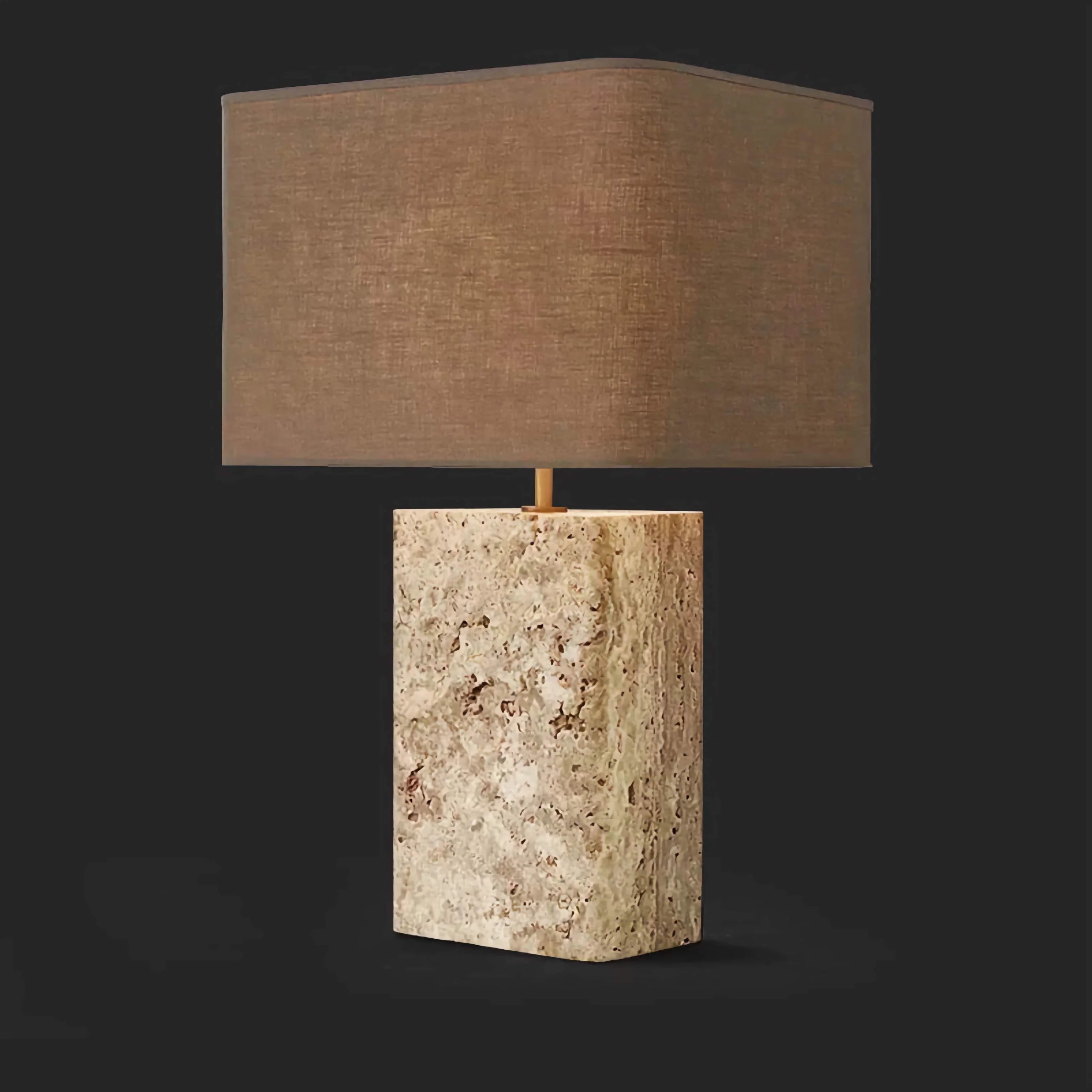 Modern Travertine and Copper Table Lamp with Fabric Shade for Living Room or Bedroom