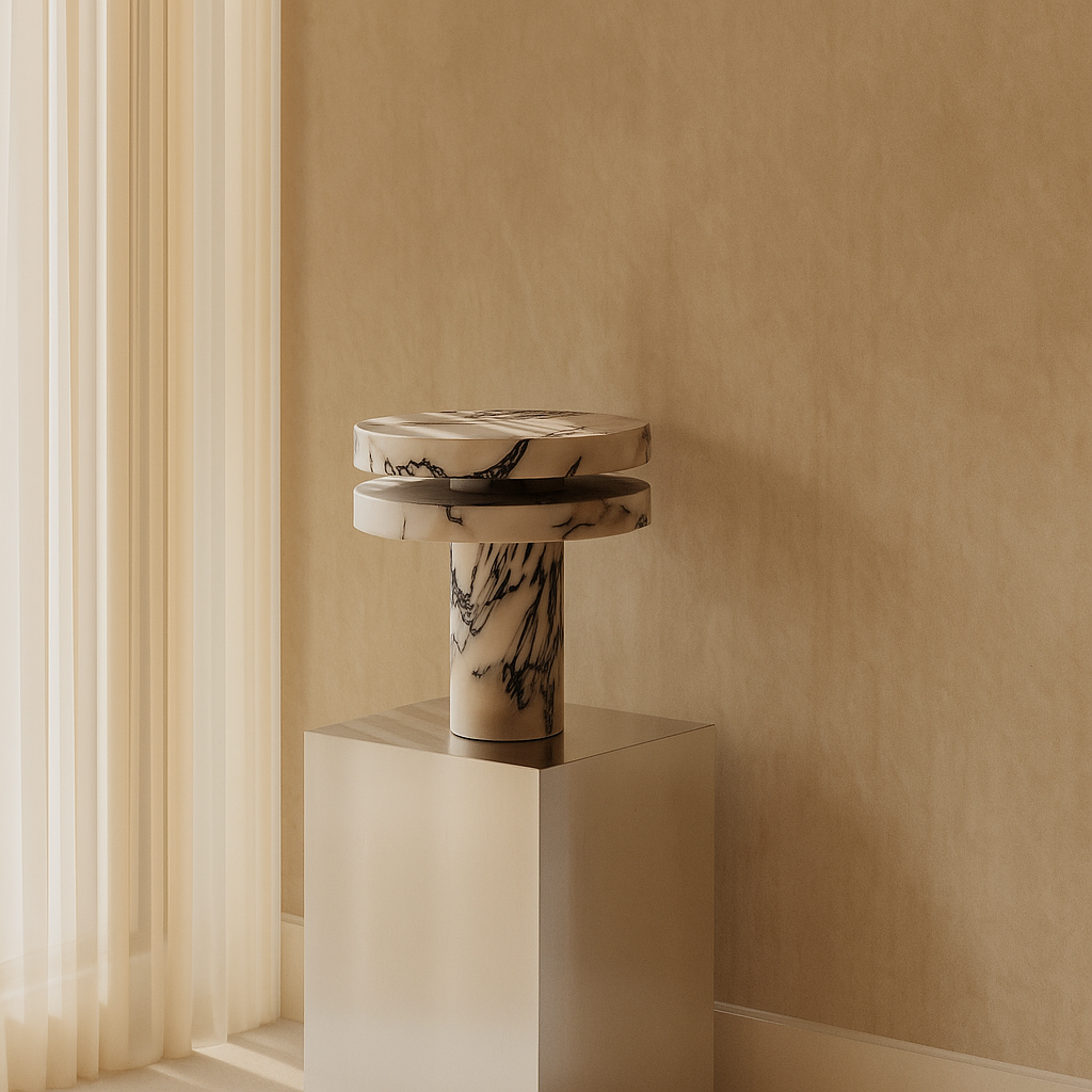 Marble-patterned cylindrical object on a pedestal against a beige wall.