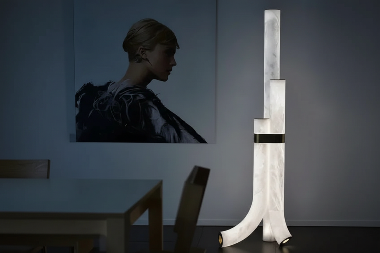 LAMPADA DA TERRA LED IN ALABASTRO NATURALE E OTTONE | LUCE D’ALABASTRO