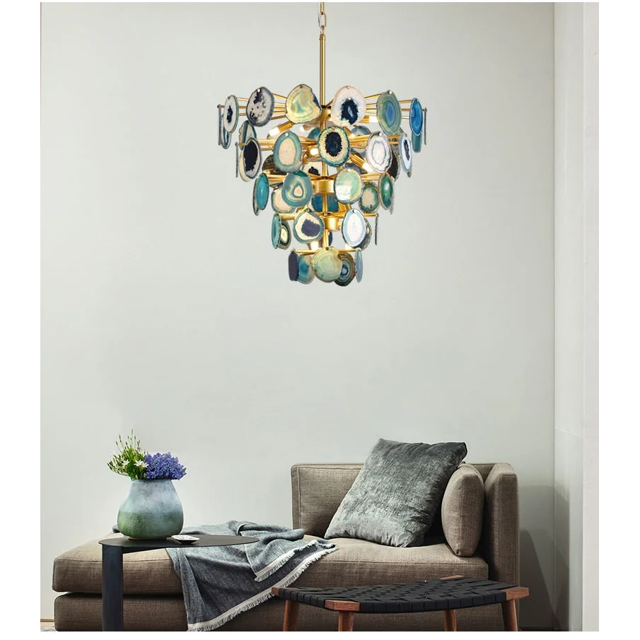 Natural Green Agate Chandelier | Modern Luxury | Semi-flush Mount for Living Room
