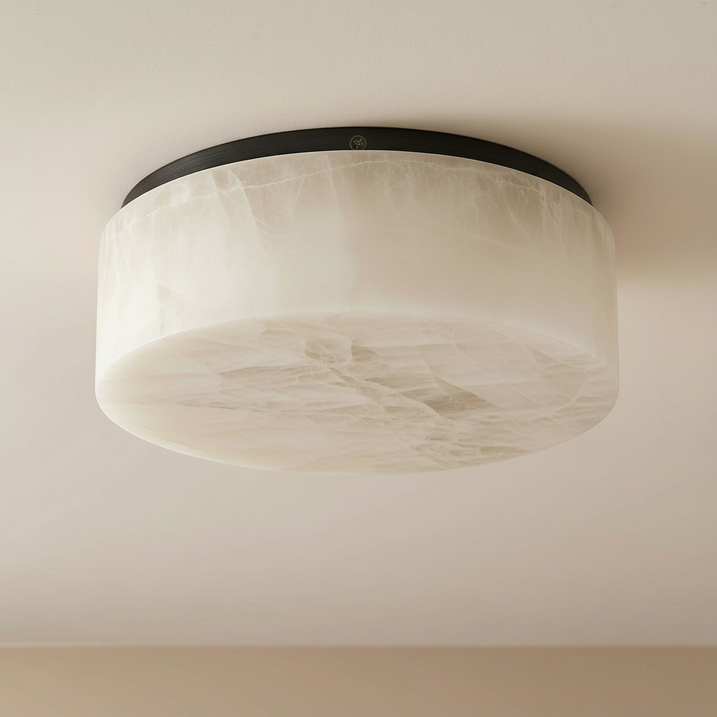 Solid Alabaster Ceiling Light | Wabi-sabi Organic Stone Flush Mount | 12’’ Natural White | Casalola Lights