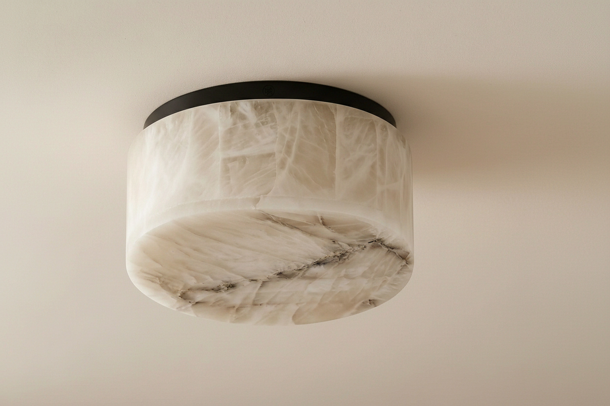 Solid Alabaster Ceiling Light | Wabi-sabi Organic Stone Flush Mount | 12’’ Natural White | Casalola Lights
