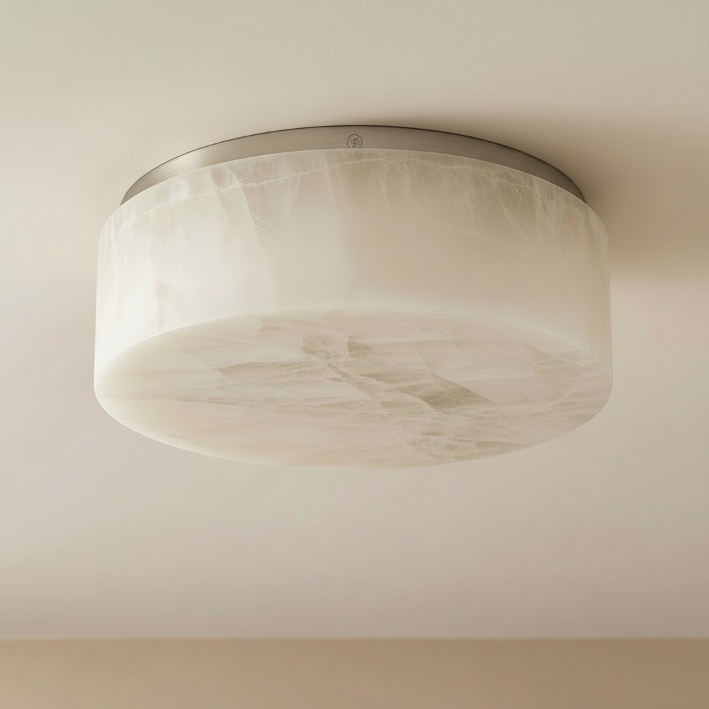Solid Alabaster Ceiling Light | Wabi-sabi Organic Stone Flush Mount | 12’’ Natural White | Casalola Lights