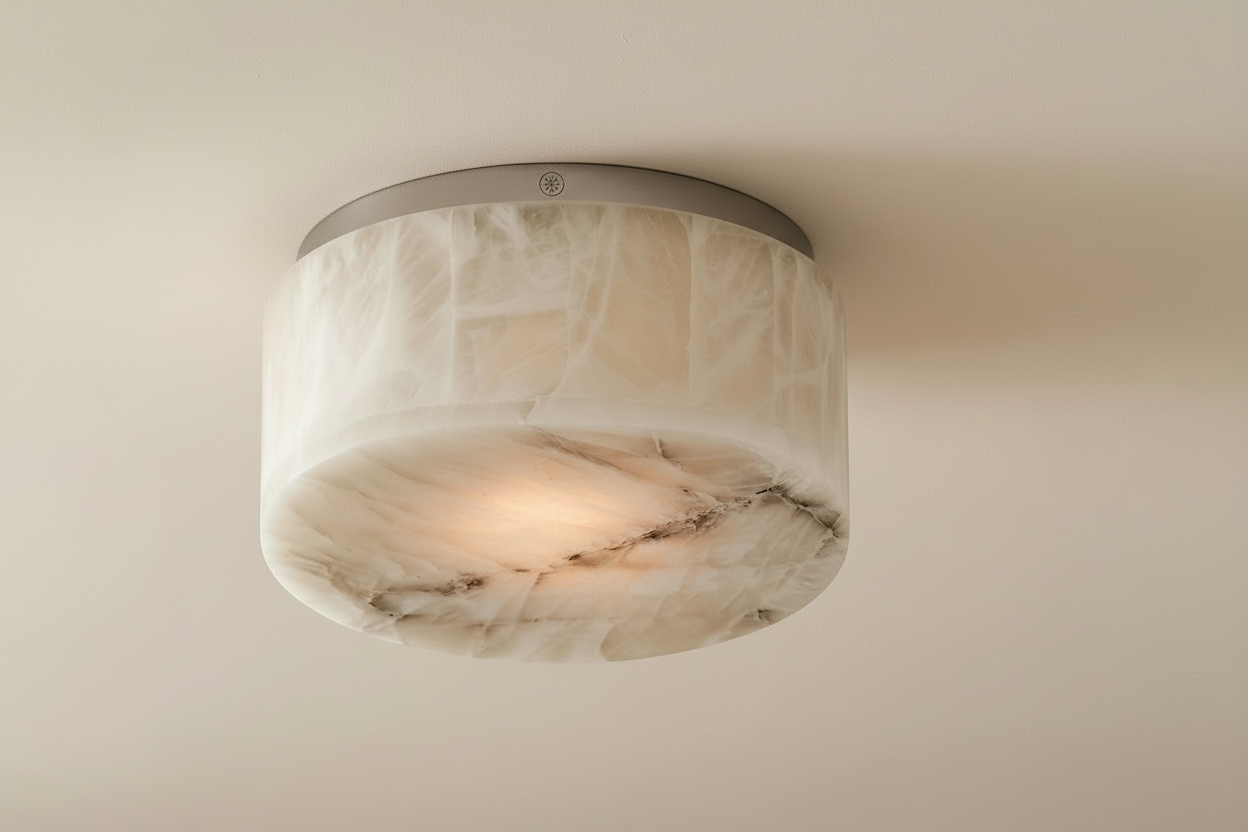 Solid Alabaster Ceiling Light | Wabi-sabi Organic Stone Flush Mount | 12’’ Natural White | Casalola Lights
