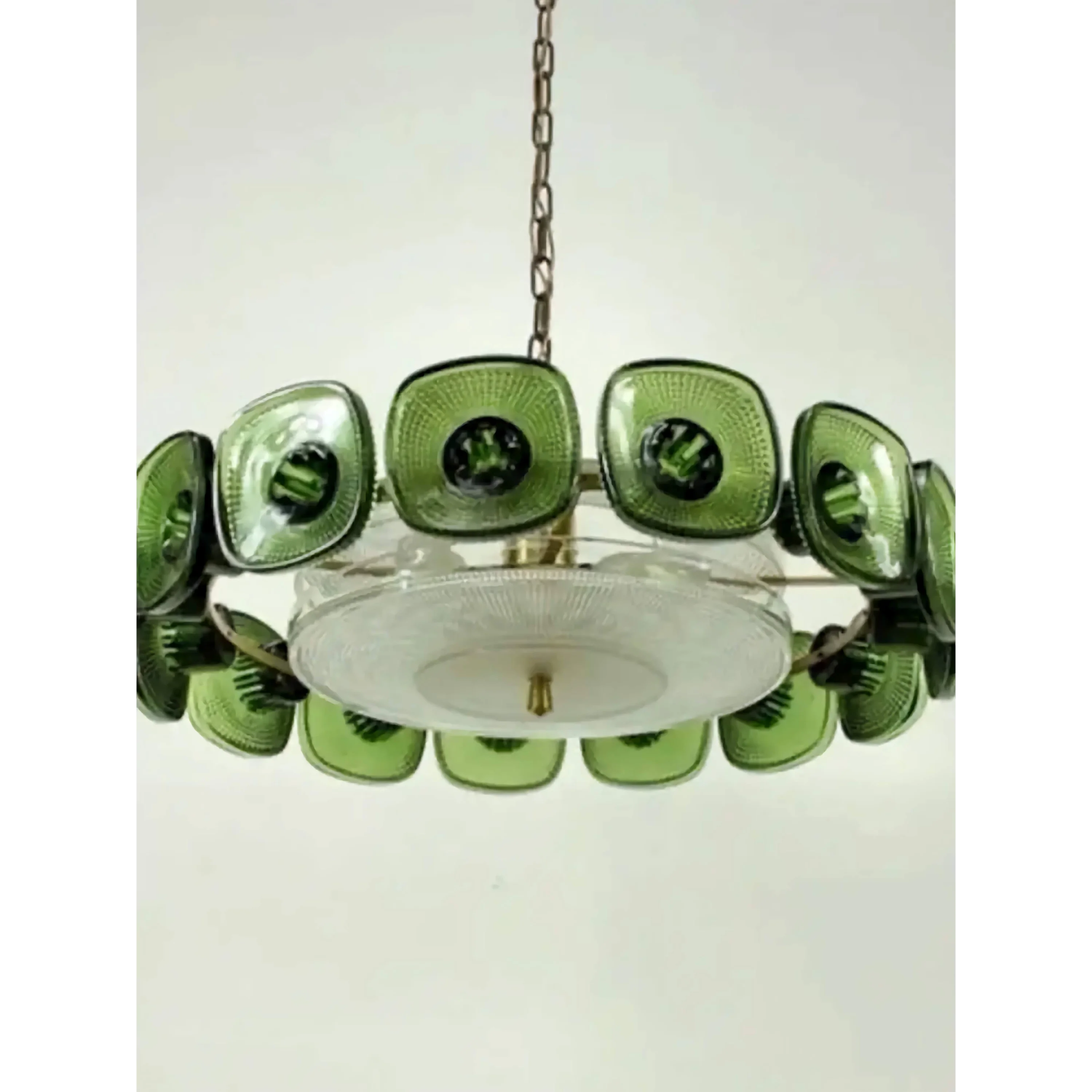 Olive Green Glass Chandelier | Vintage Inspired Italian Light Fixture | Mid Century Crystal Pendant for Dining Room