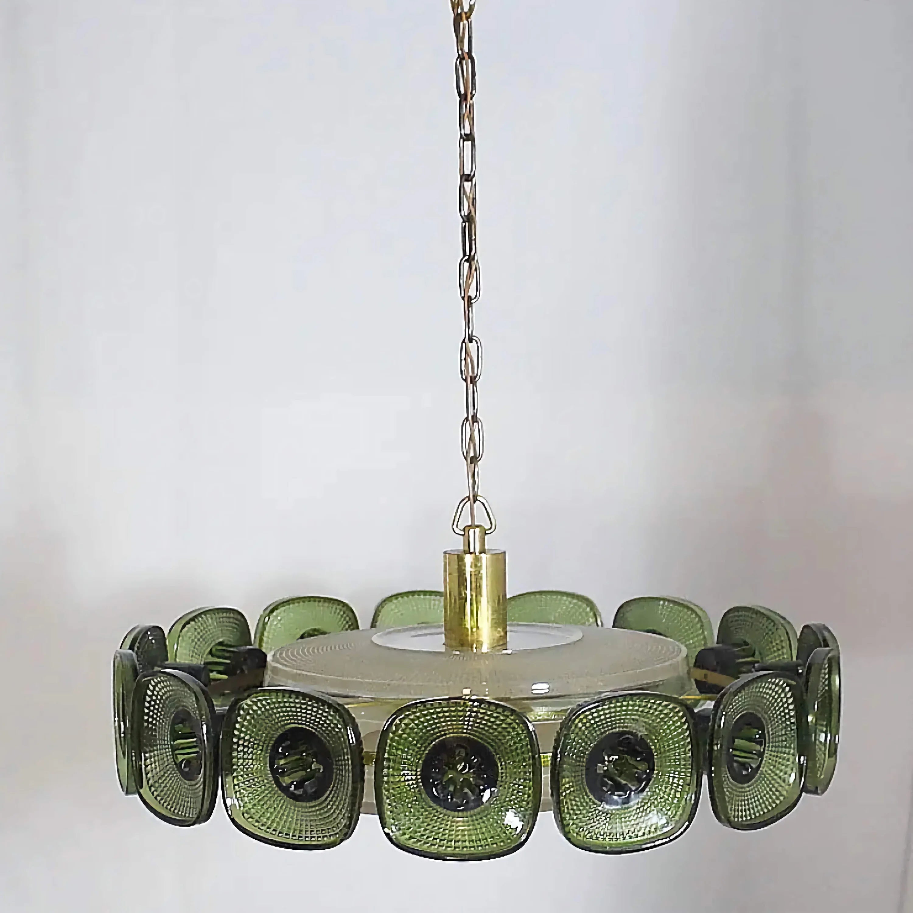 Olive Green Glass Chandelier | Vintage Inspired Italian Light Fixture | Mid Century Crystal Pendant for Dining Room