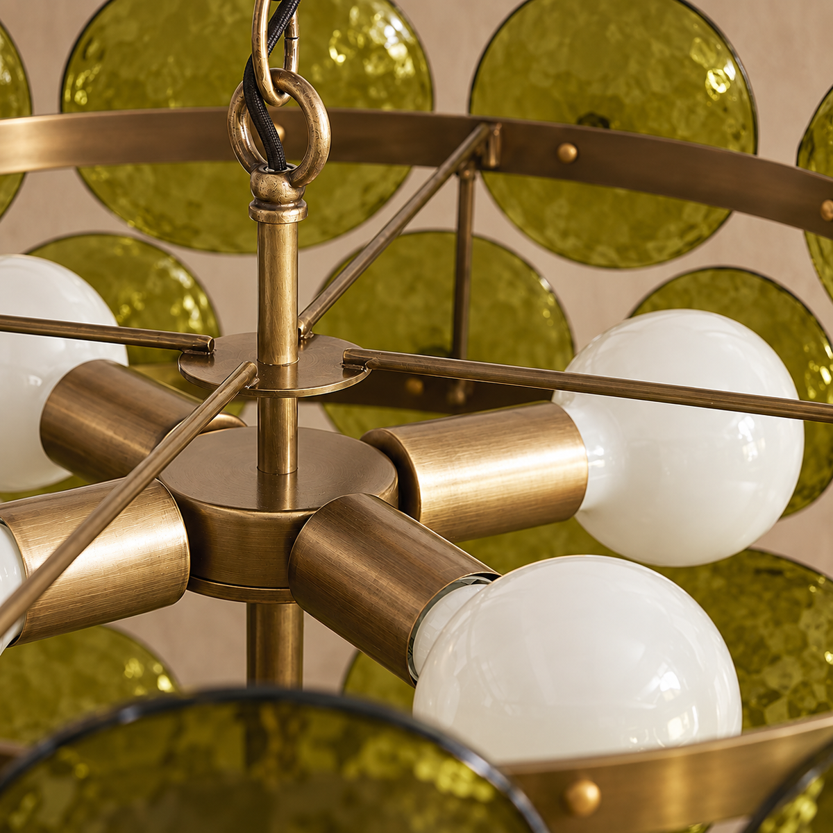Murano Style Olive Glass Disc Chandelier Steel | Bowl Sends Light Down Over a Table Custom Chain Casalola Lights Luxury