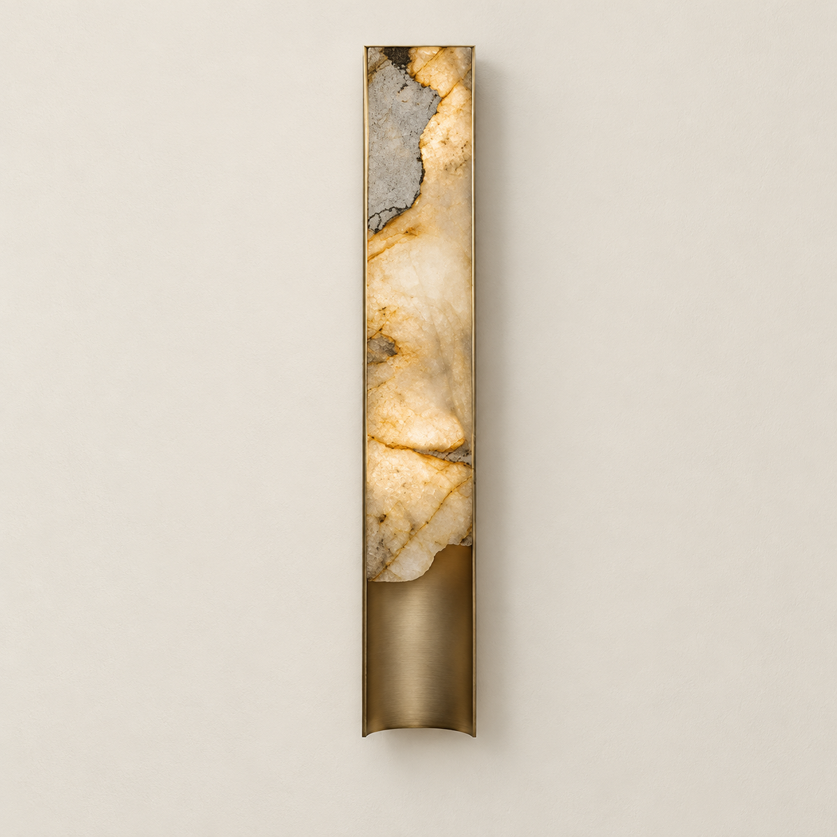 Large onyx sconce illuminated through its natural mineral pattern.