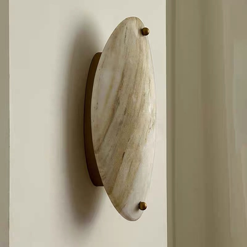 Oval Marble Wall Sconce – Natural Stone & Brass Light with Warm Led for Bedroom or Hallway