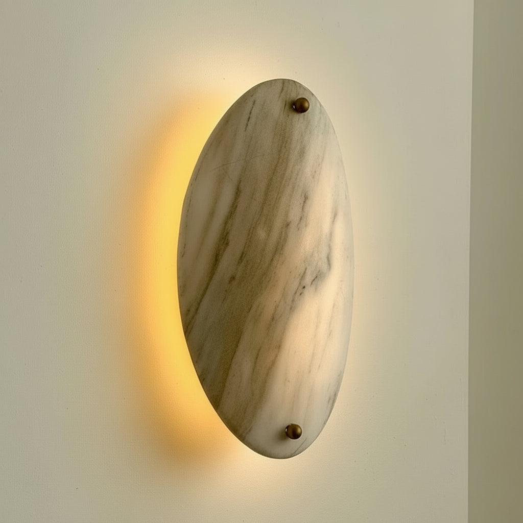 Oval Marble Wall Sconce – Natural Stone & Brass Light with Warm Led for Bedroom or Hallway