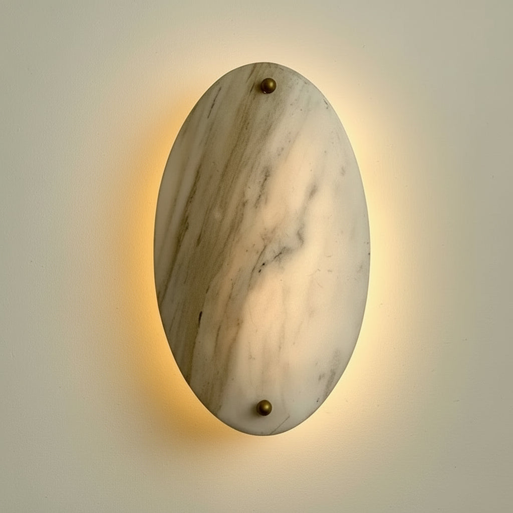 Oval Marble Wall Sconce – Natural Stone & Brass Light with Warm Led for Bedroom or Hallway