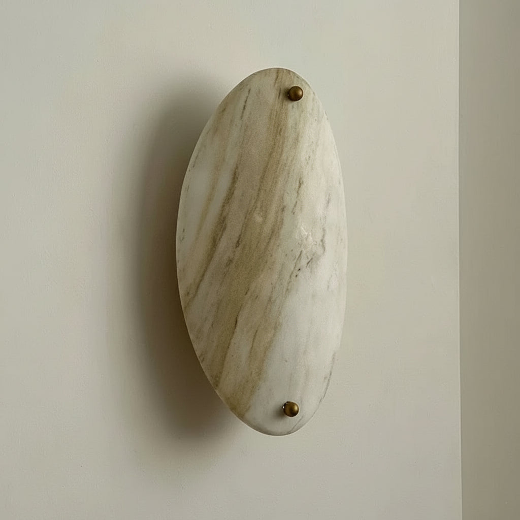 Oval Marble Wall Sconce – Natural Stone & Brass Light with Warm Led for Bedroom or Hallway