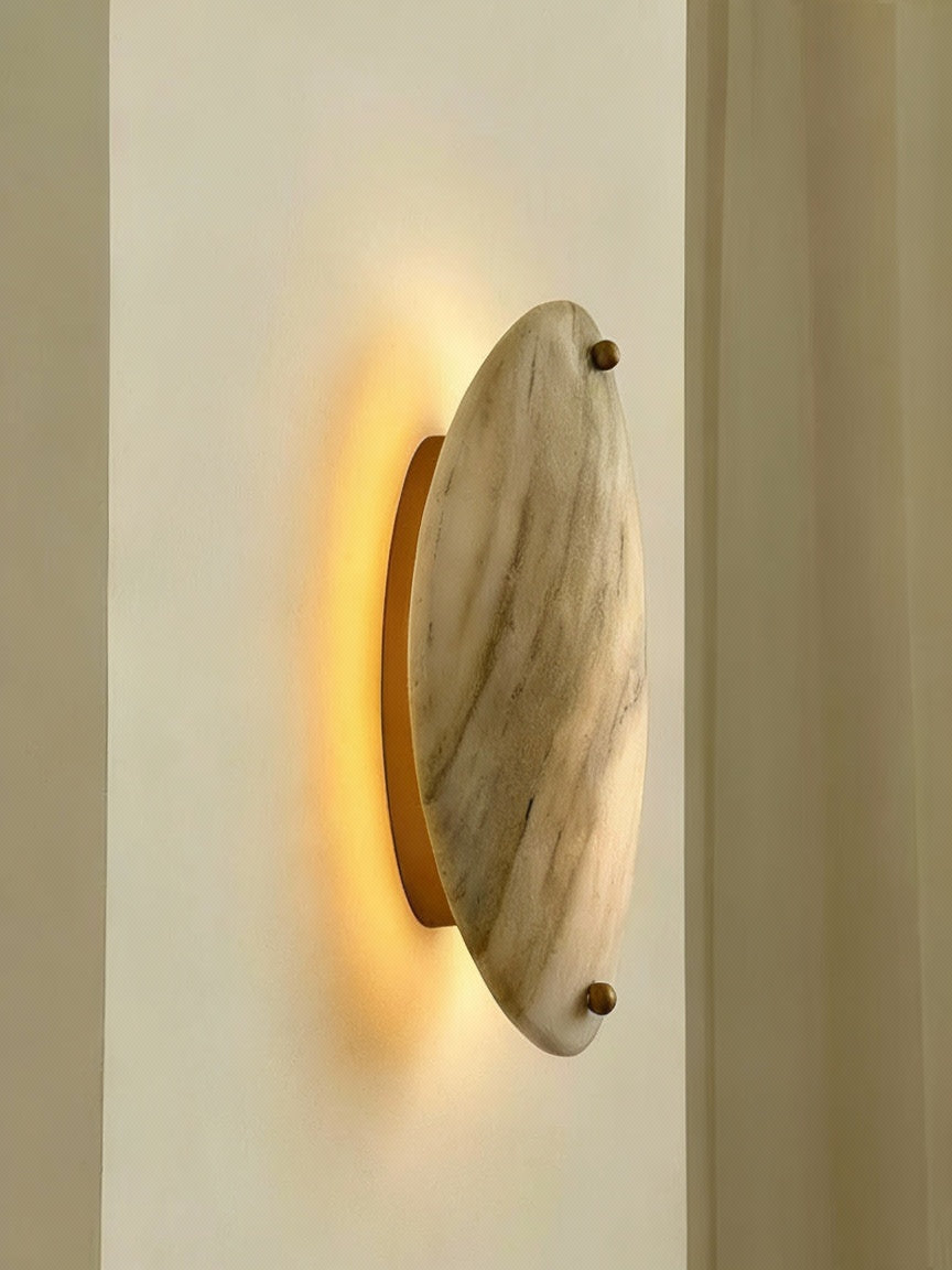 Oval Marble Wall Sconce – Natural Stone & Brass Light with Warm Led for Bedroom or Hallway