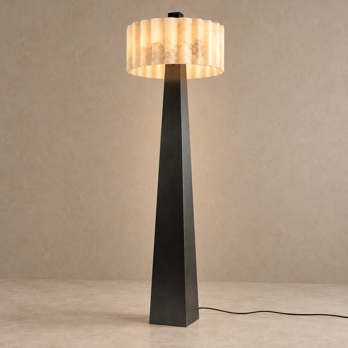 Pantheon floor lamp illuminated, revealing cloudy mineral bands through its fluted alabaster shade.