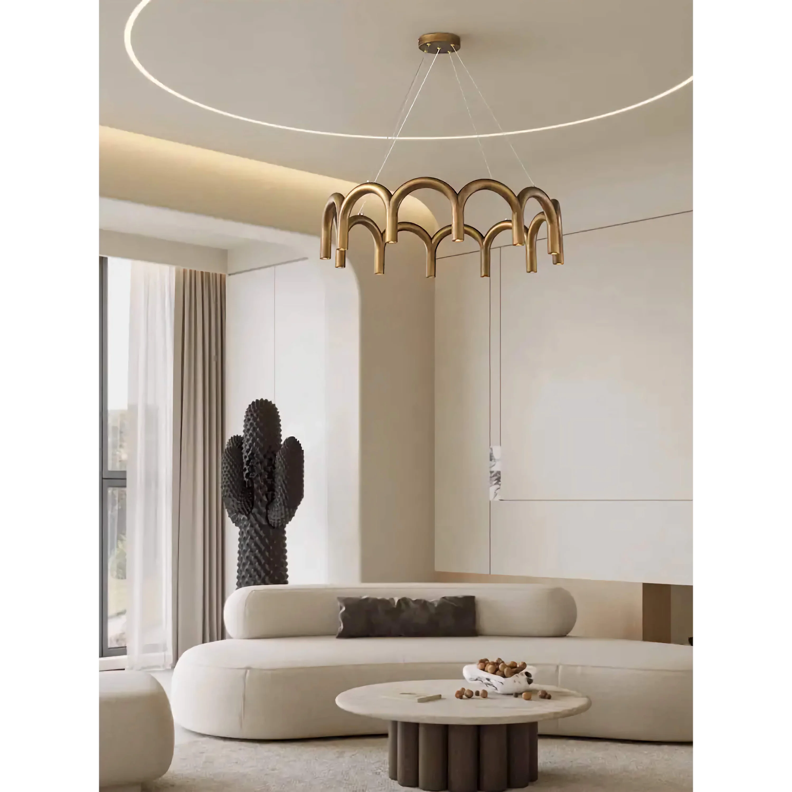 Patinated Brass Arch Chandelier | Modern Sculptural Downlight