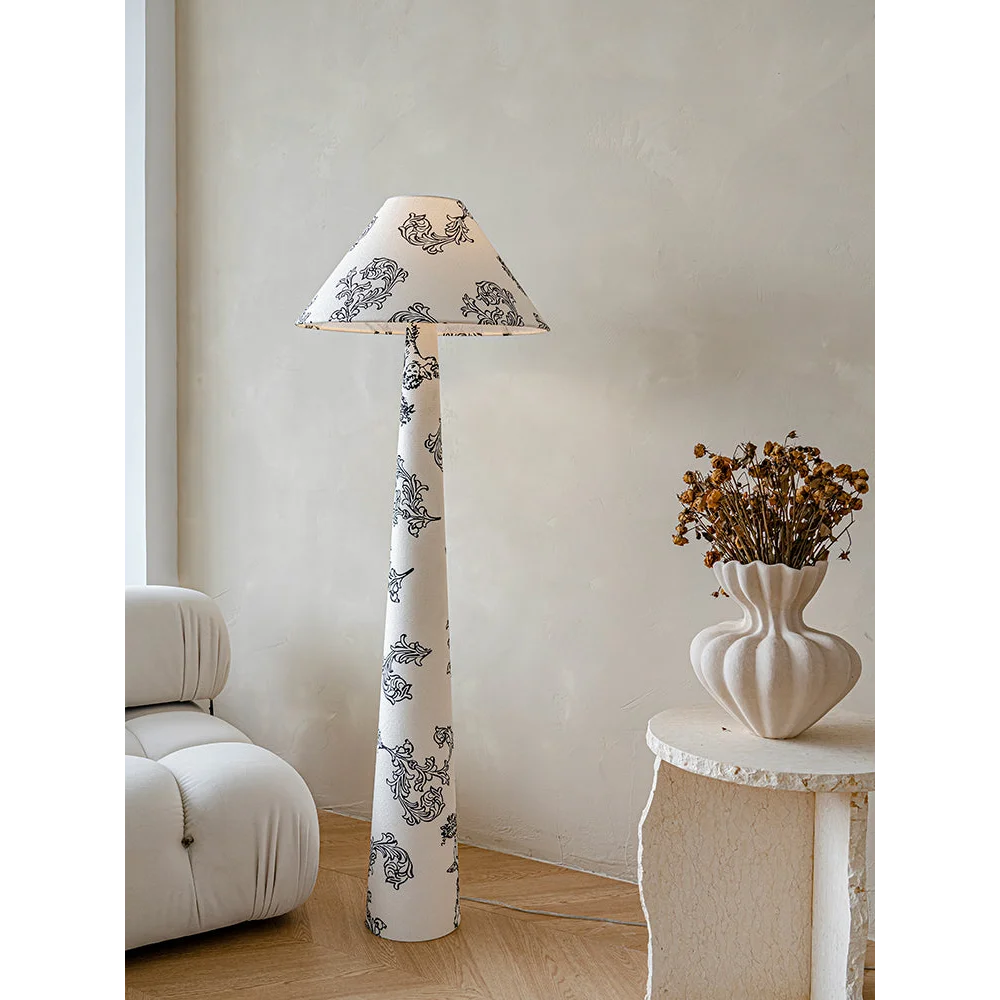 Living Room Floral Cone Floor Lamp in Hand Painted White Ceramic – Scandi Japandi Statement Accent Lighting Soft Glow