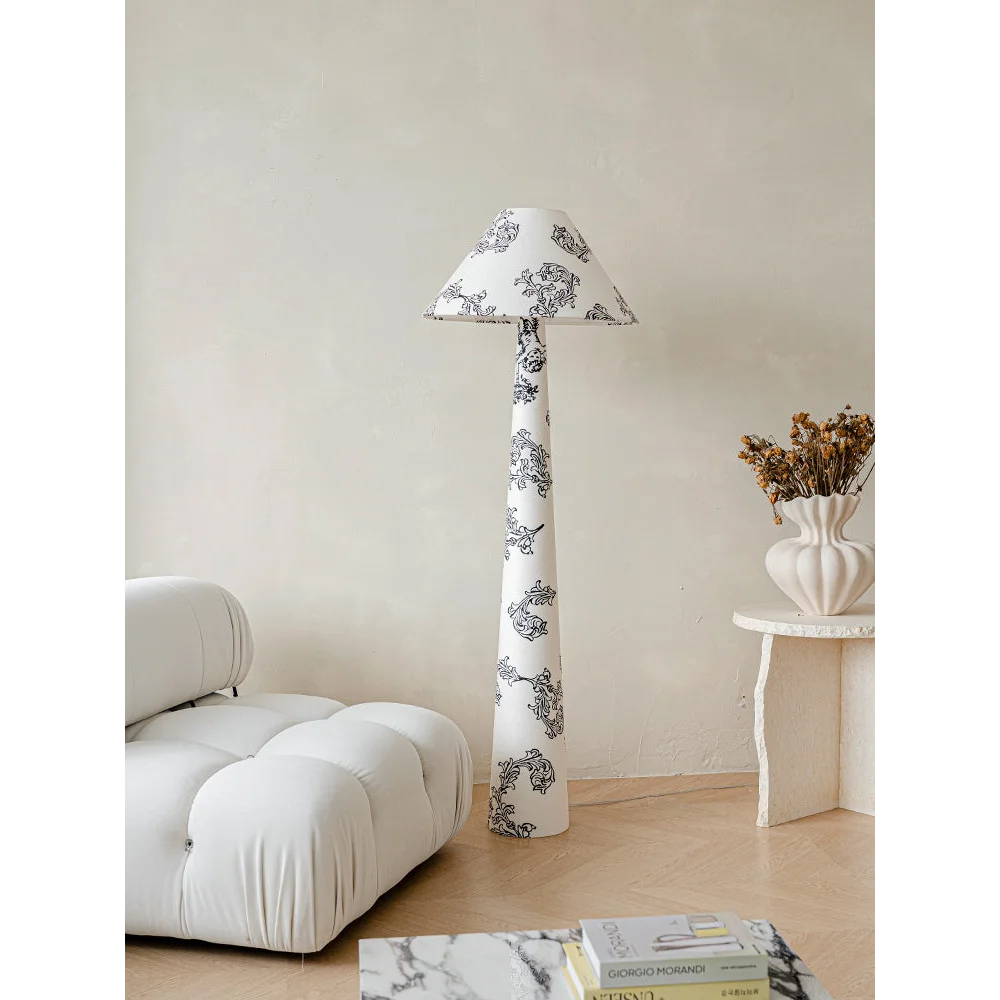 Living Room Floral Cone Floor Lamp in Hand Painted White Ceramic – Scandi Japandi Statement Accent Lighting Soft Glow