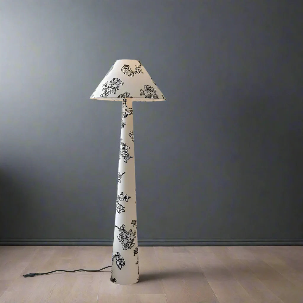 Living Room Floral Cone Floor Lamp in Hand Painted White Ceramic – Scandi Japandi Statement Accent Lighting Soft Glow