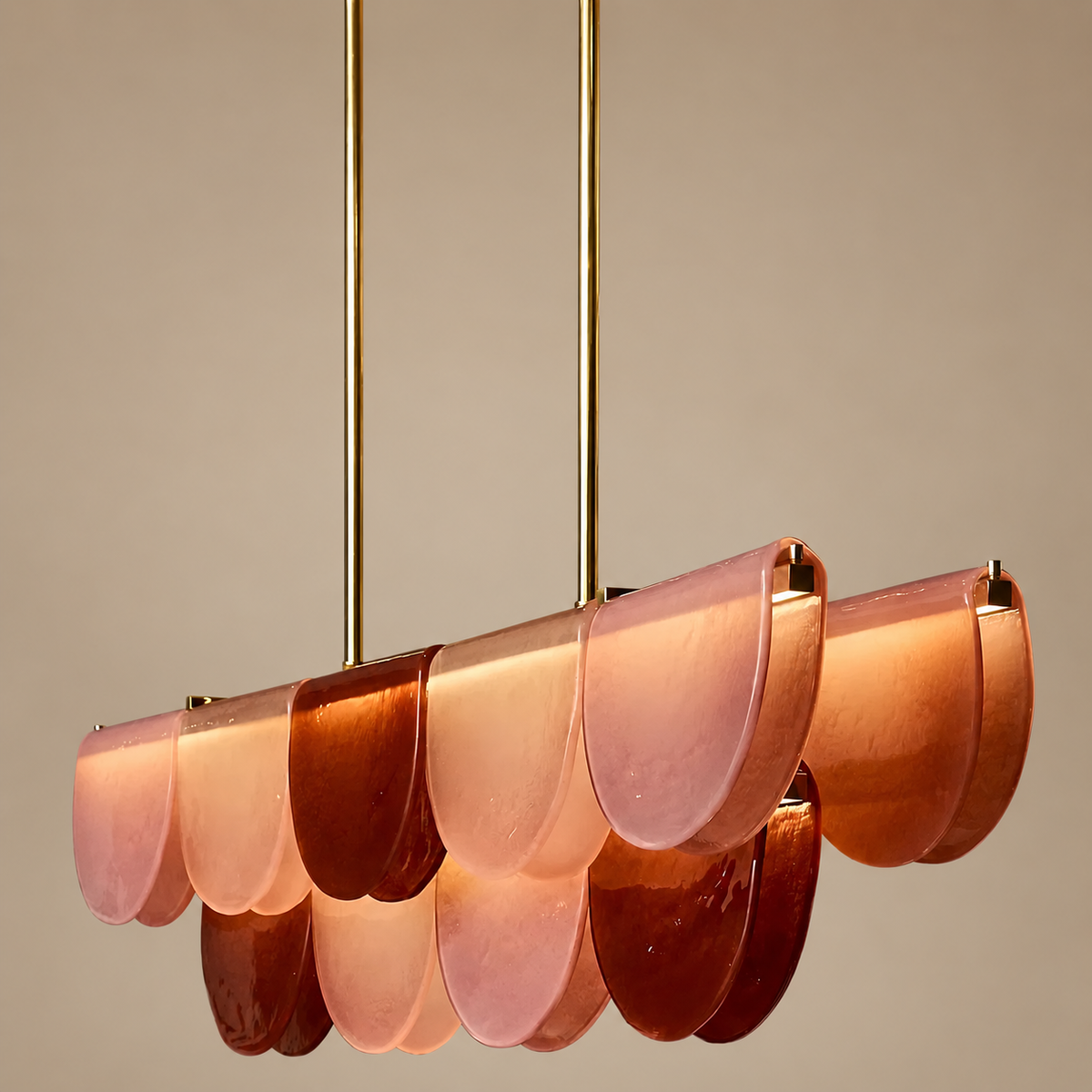 Burgundy Glass Petal Linear Chandelier | Integrated Led Bar no Bulbs in View Two Lengths Brass Casalola Lights Luxury