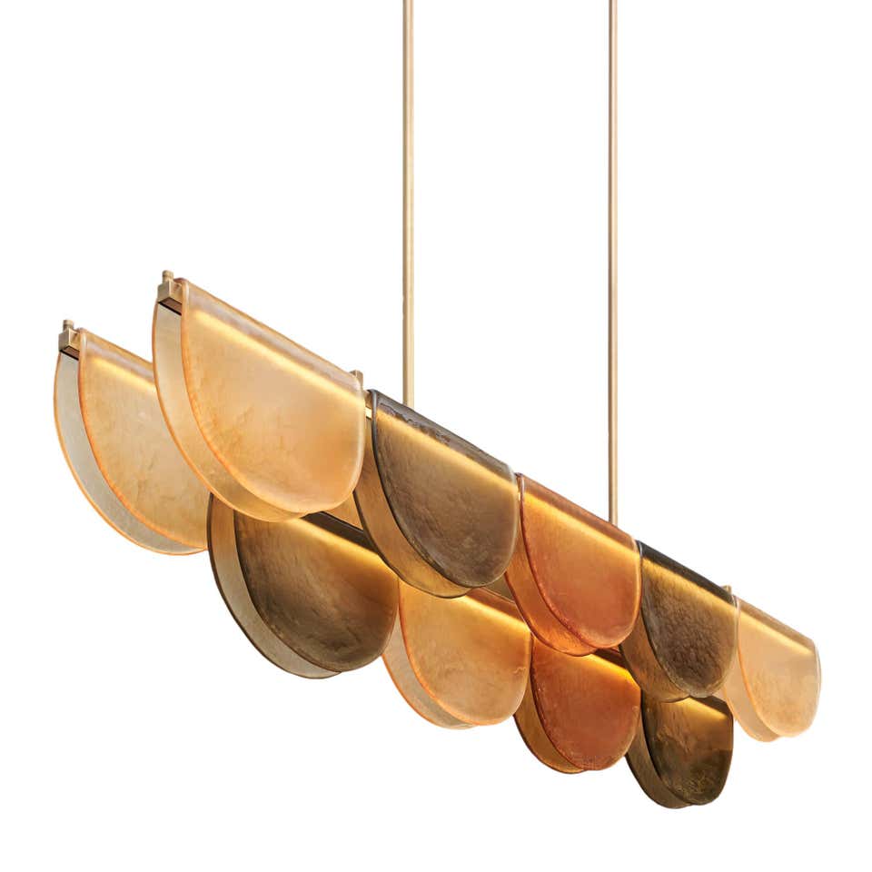 Orange Hand-blown Glass Linear Chandelier | Brass Dining Room | 59’’ w | Casalola Casalolalights Luxury Lamps