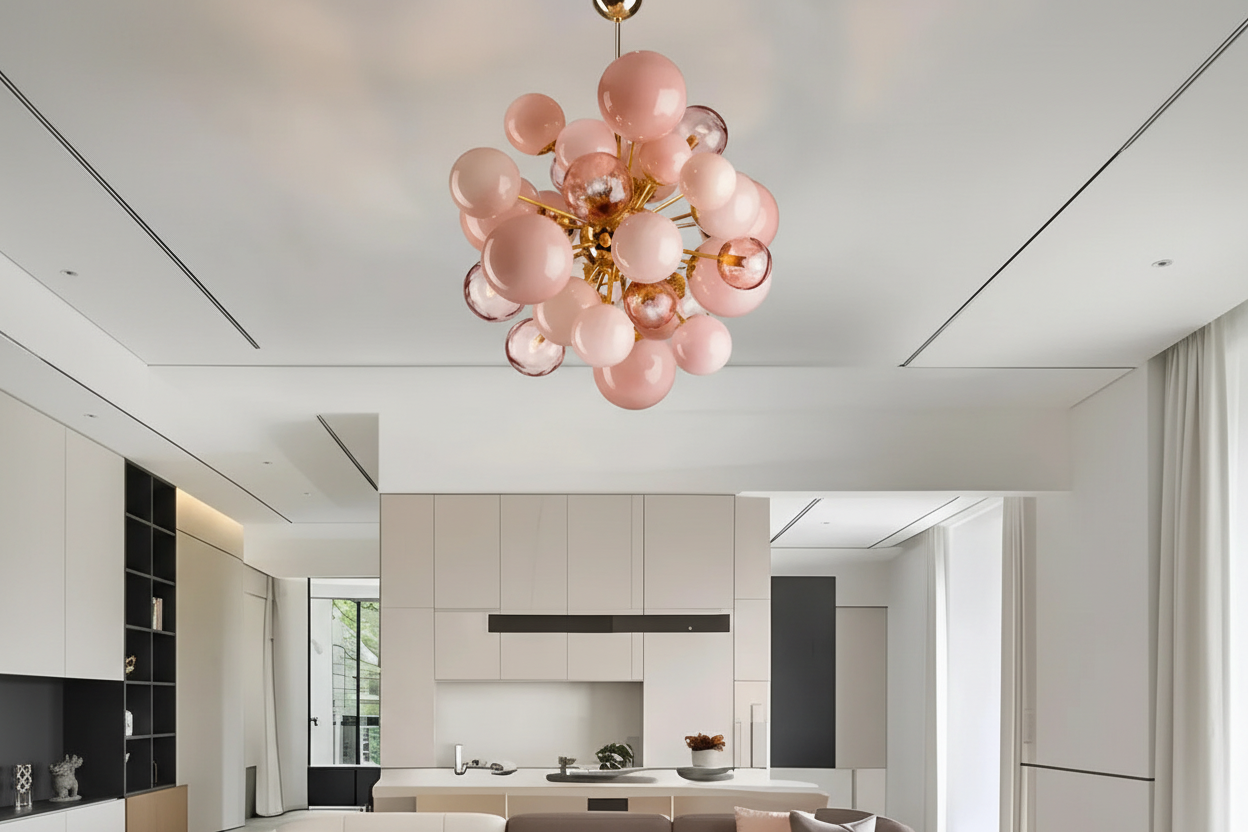 Pink Murano Glass Globe Chandelier in Gold Iron | Luxury Modern Ceiling Light for Bedroom & Living Room Casalolalights