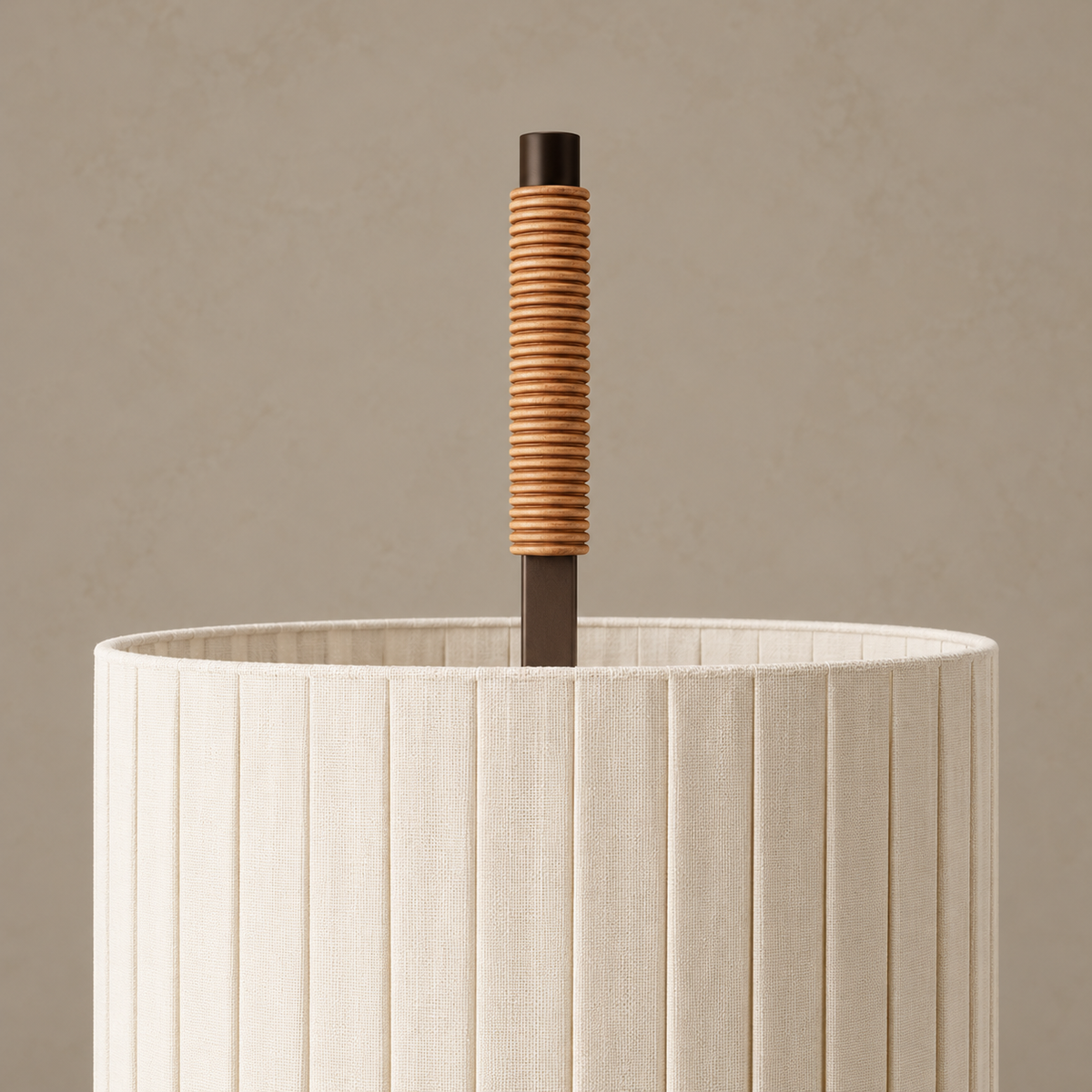 Close view of CLHBV0255’s ribbed wood handle, dark cap and pleated fabric shade rim.