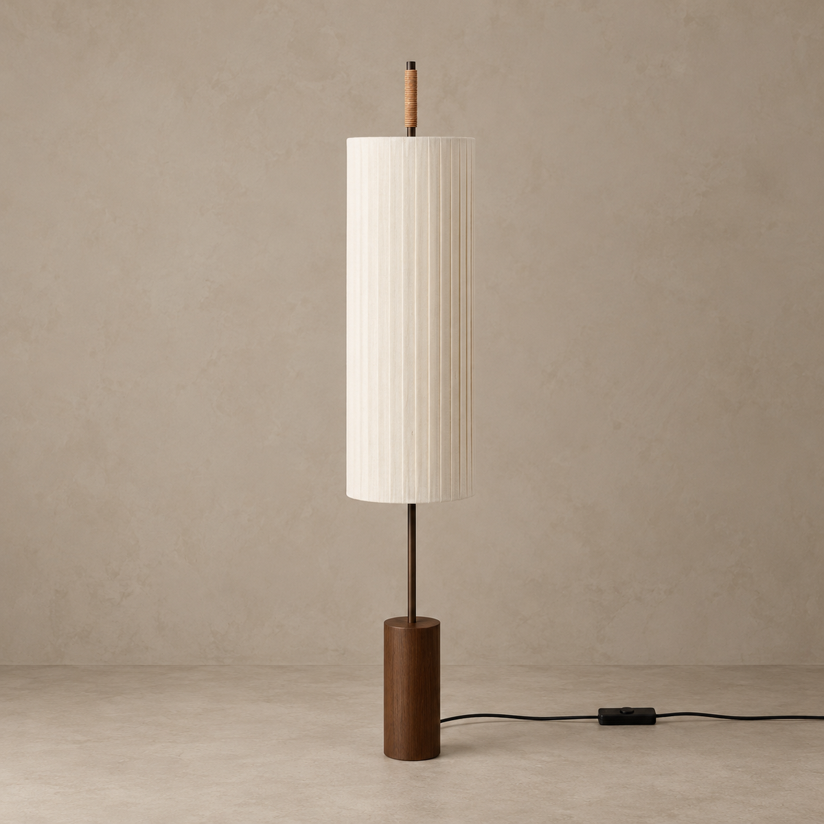 CLHBV0255 floor lamp switched off, with a tall pleated ivory shade, ribbed top handle and cylindrical wood base.
