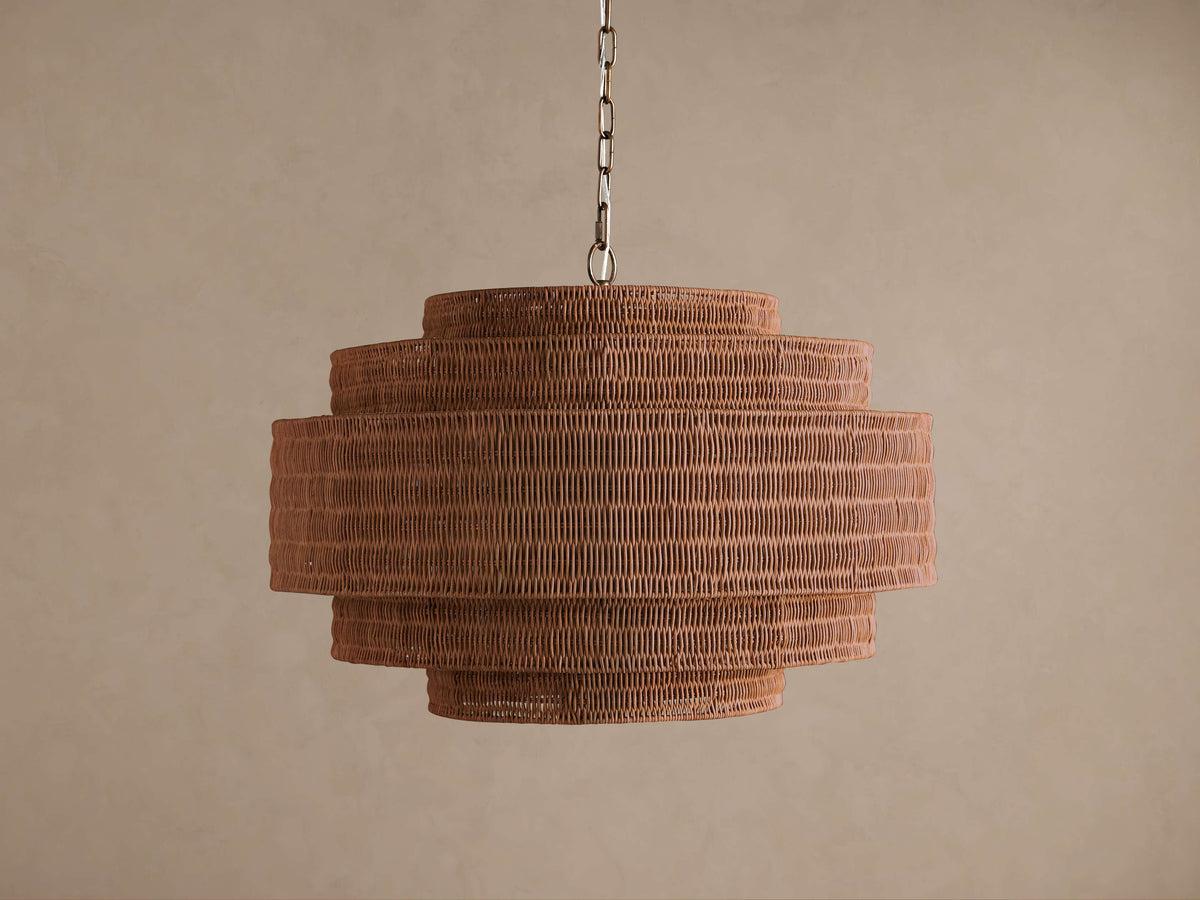 Cognac rattan chandelier, five-tier hand-woven drum on a bronze chain, unlit