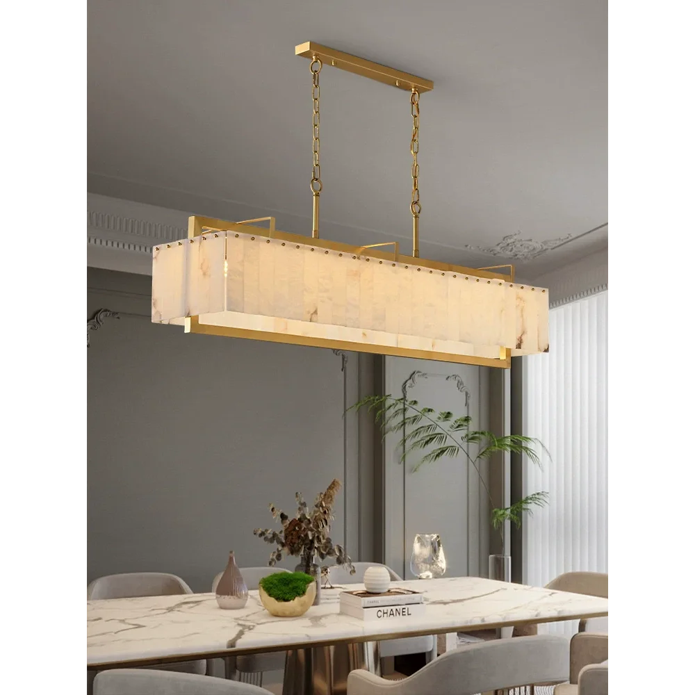 Rectangular Alabaster Island Chandelier | Brushed Brass Kitchen Suspension