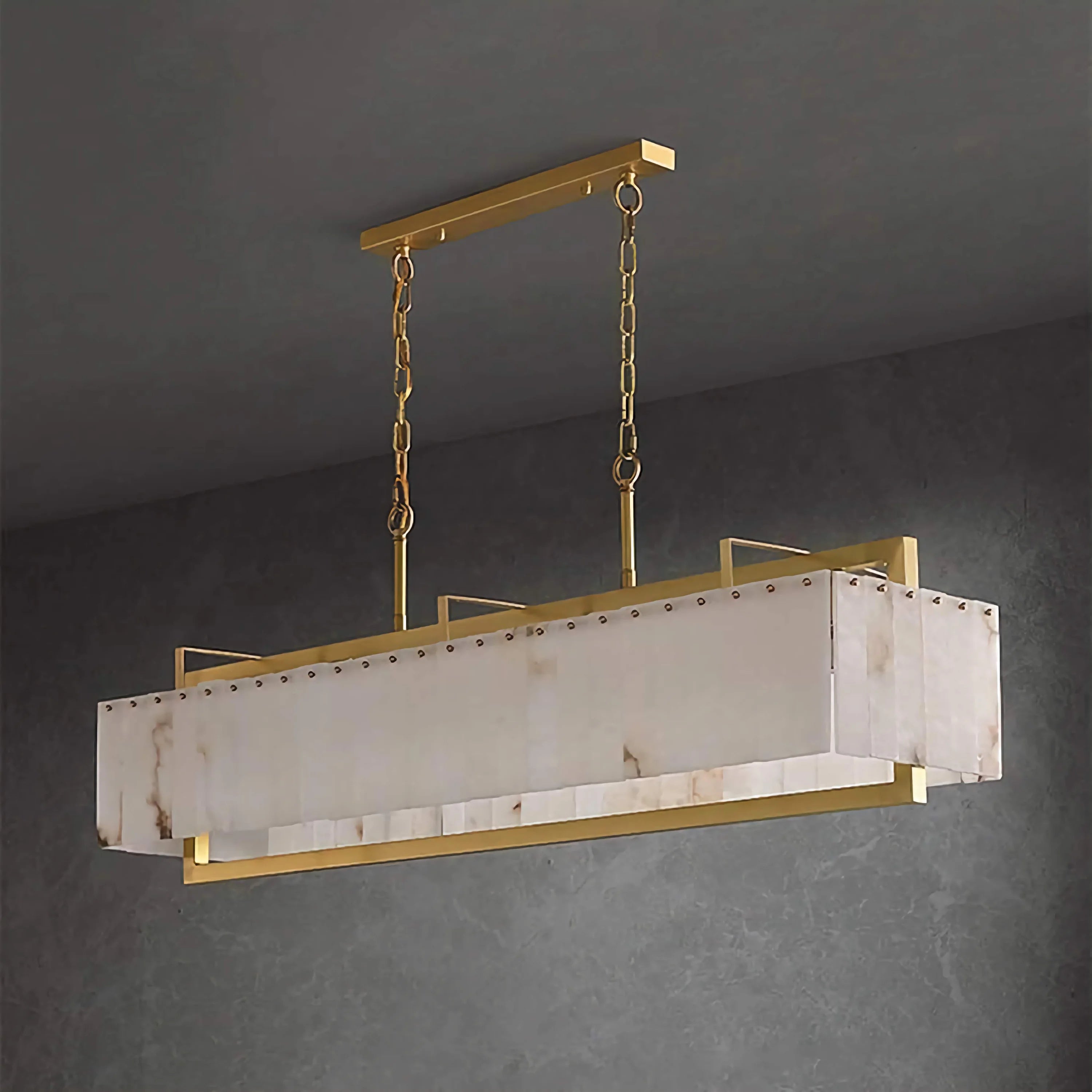 Rectangular Alabaster Island Chandelier | Brushed Brass Kitchen Suspension