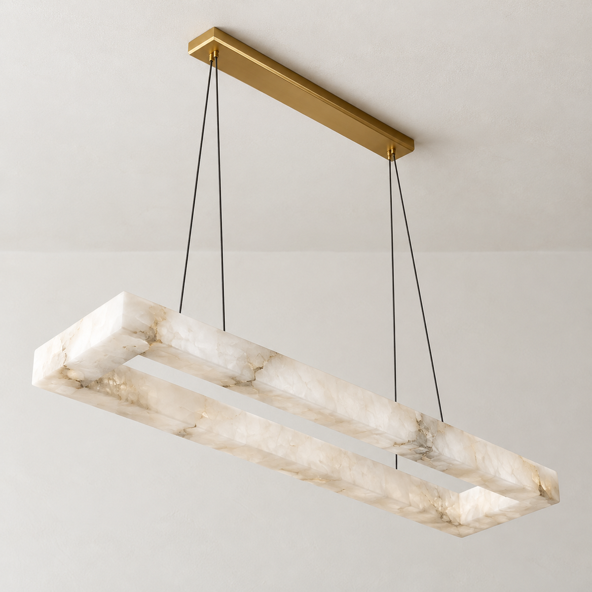Rectangular alabaster chandelier with brass ceiling canopy.