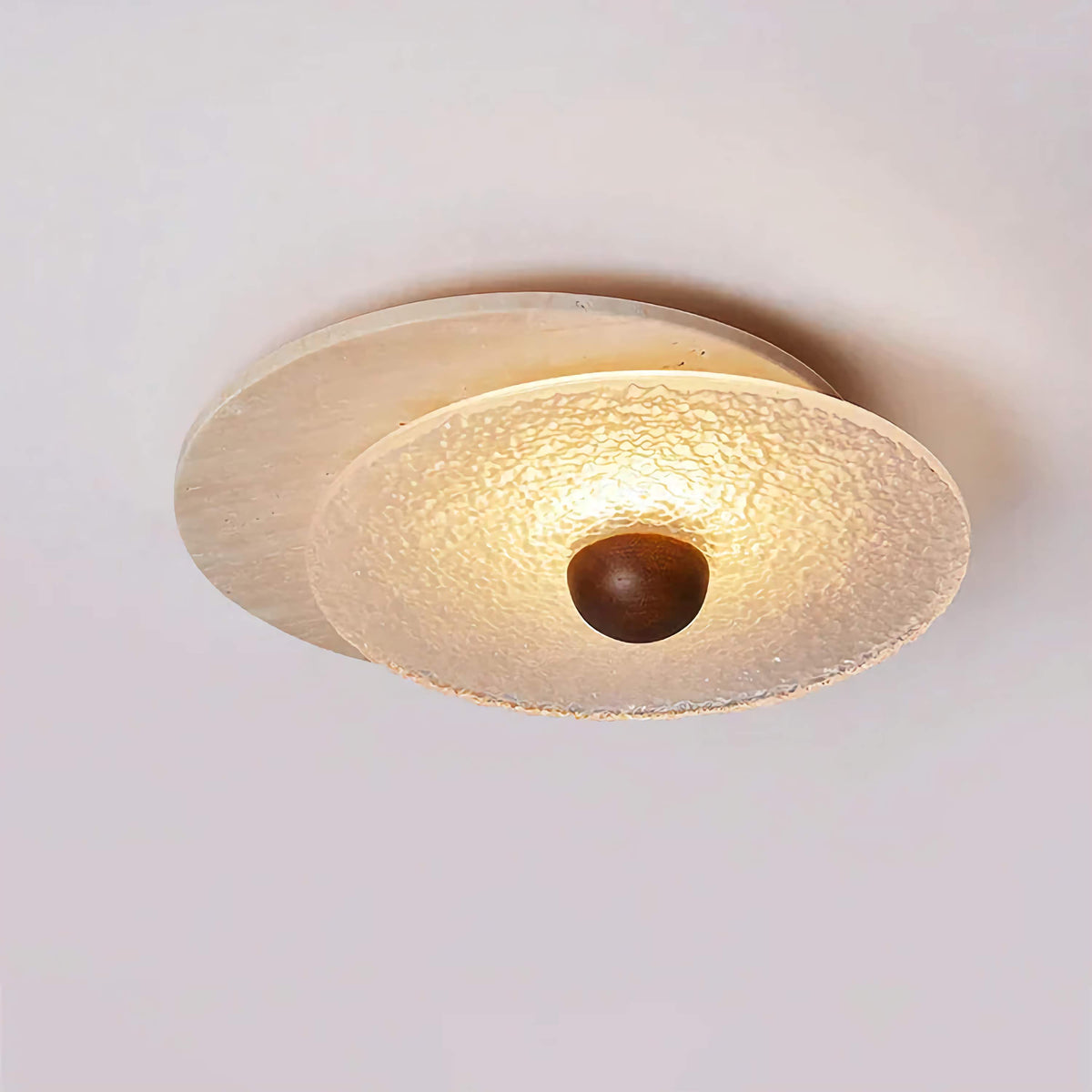 Textured Glass Flush Mount | Wood & Travertine Corridor Ceiling Light 33cm Retro Rustic Hallway Casalolalights Luxury