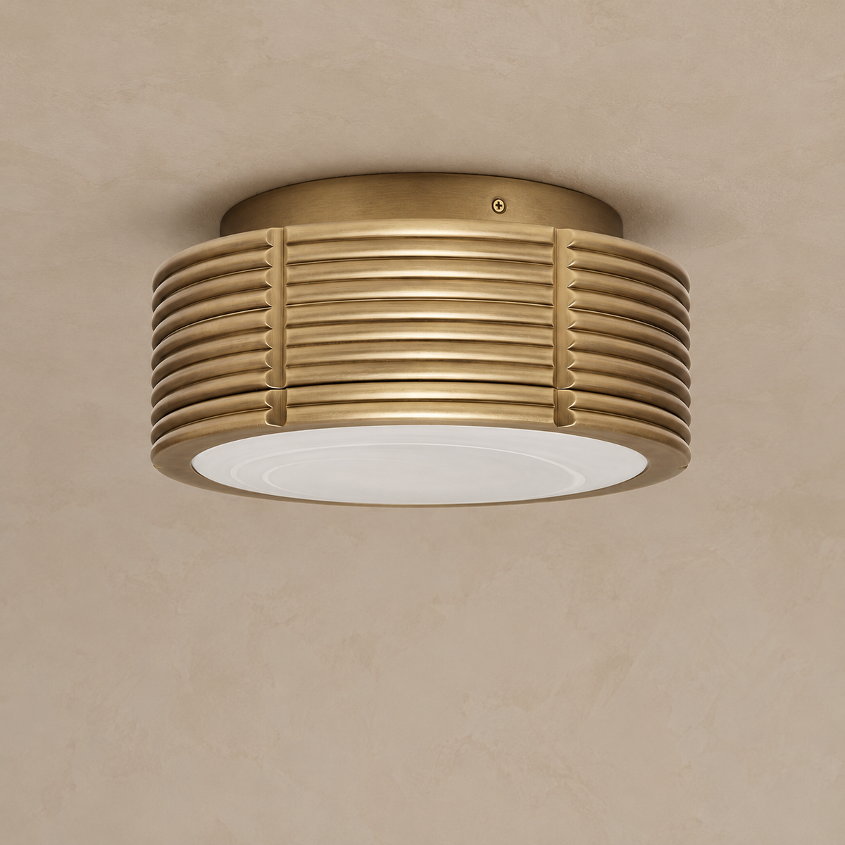 CLBND033 brass drum ceiling light switched off, with horizontal ribs and a frosted underside.