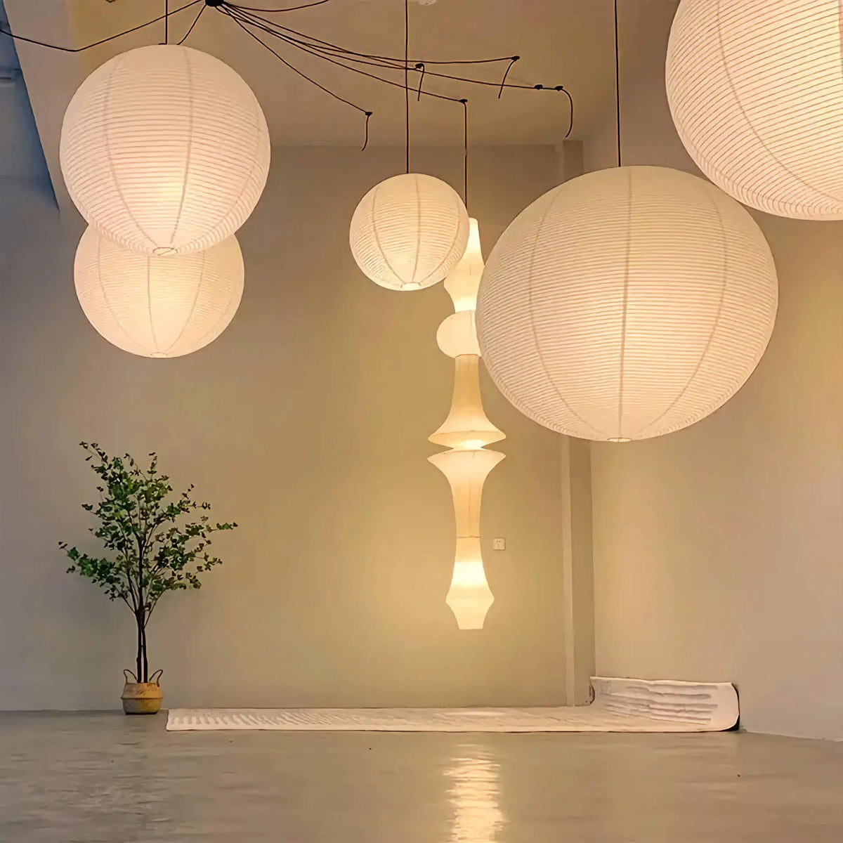 White Rice Paper Lantern Pendant | Sizes Up to Room Scale Even Glow with no Visible Bulb Japandi Casalola Lights Luxury