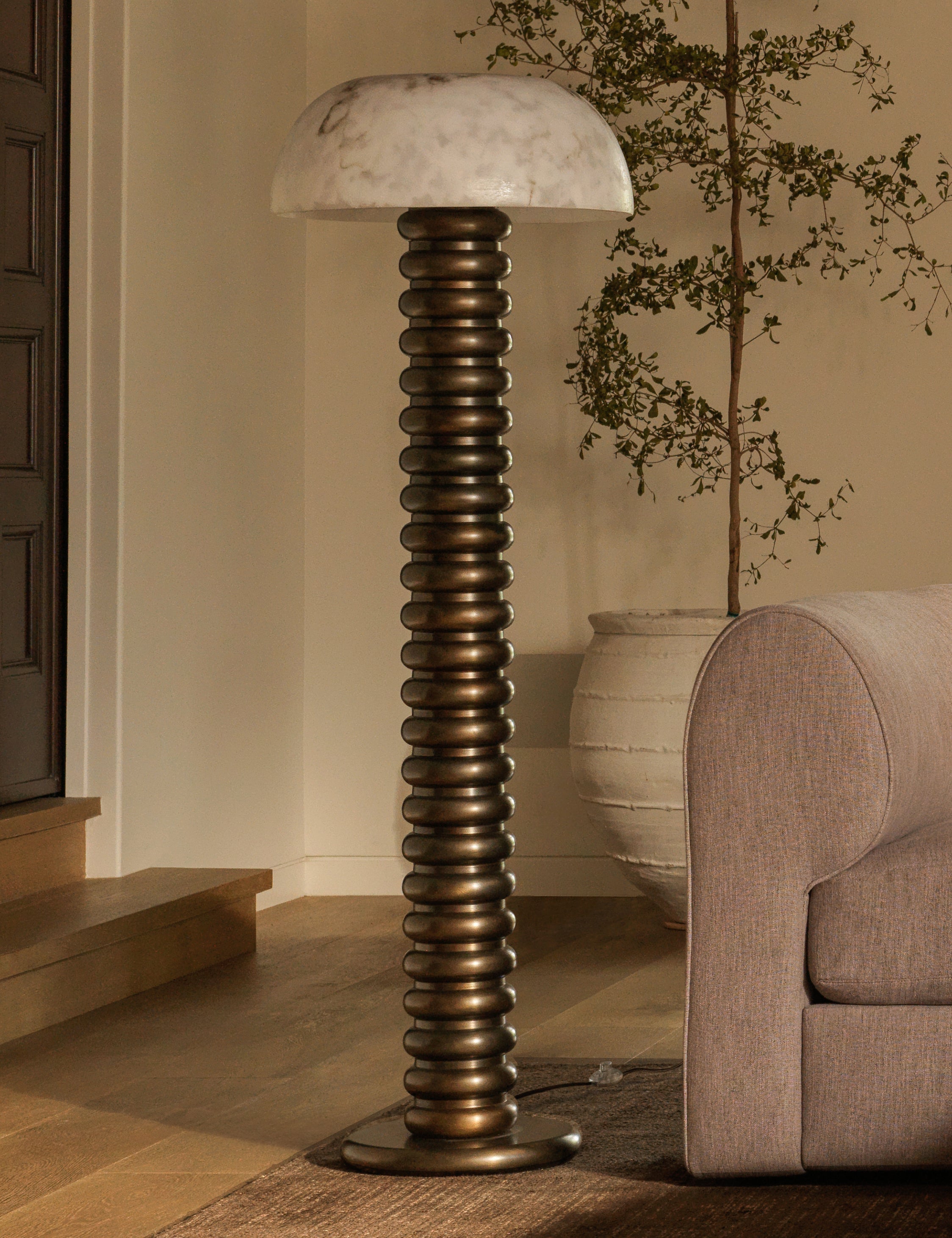 Real Alabaster Mushroom Floor Lamp - Antique Bronze Finish (stainless Steel Core) - Art Deco Style - 146cm