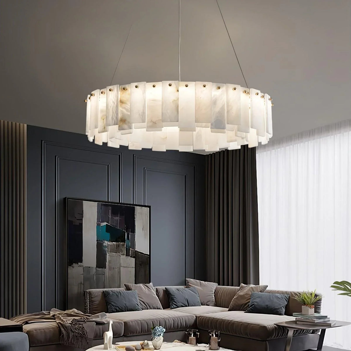 Round Alabaster & Brass Ring Chandelier | 45cm to 100cm Stone-panel Halo Modern Minimalist Casalolalights Luxury Lamps