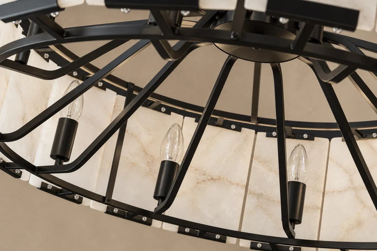 Underside of Halo chandelier showing black frame and bulb holders