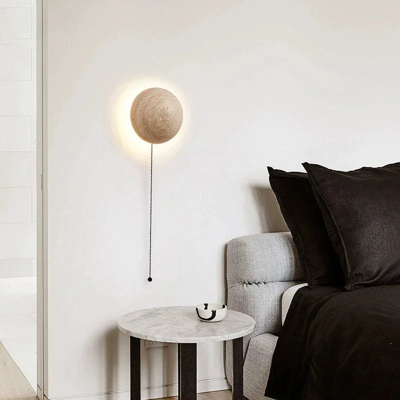 Decorative Wall Sconces with Pull Chain Japandi Lamps Round Natural Marble