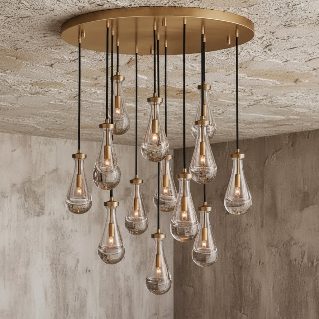 Raindrop Glass Chandelier – Luxury Round Brass Cascade Light Casalolalights Luxury Lamps for Interior Designers