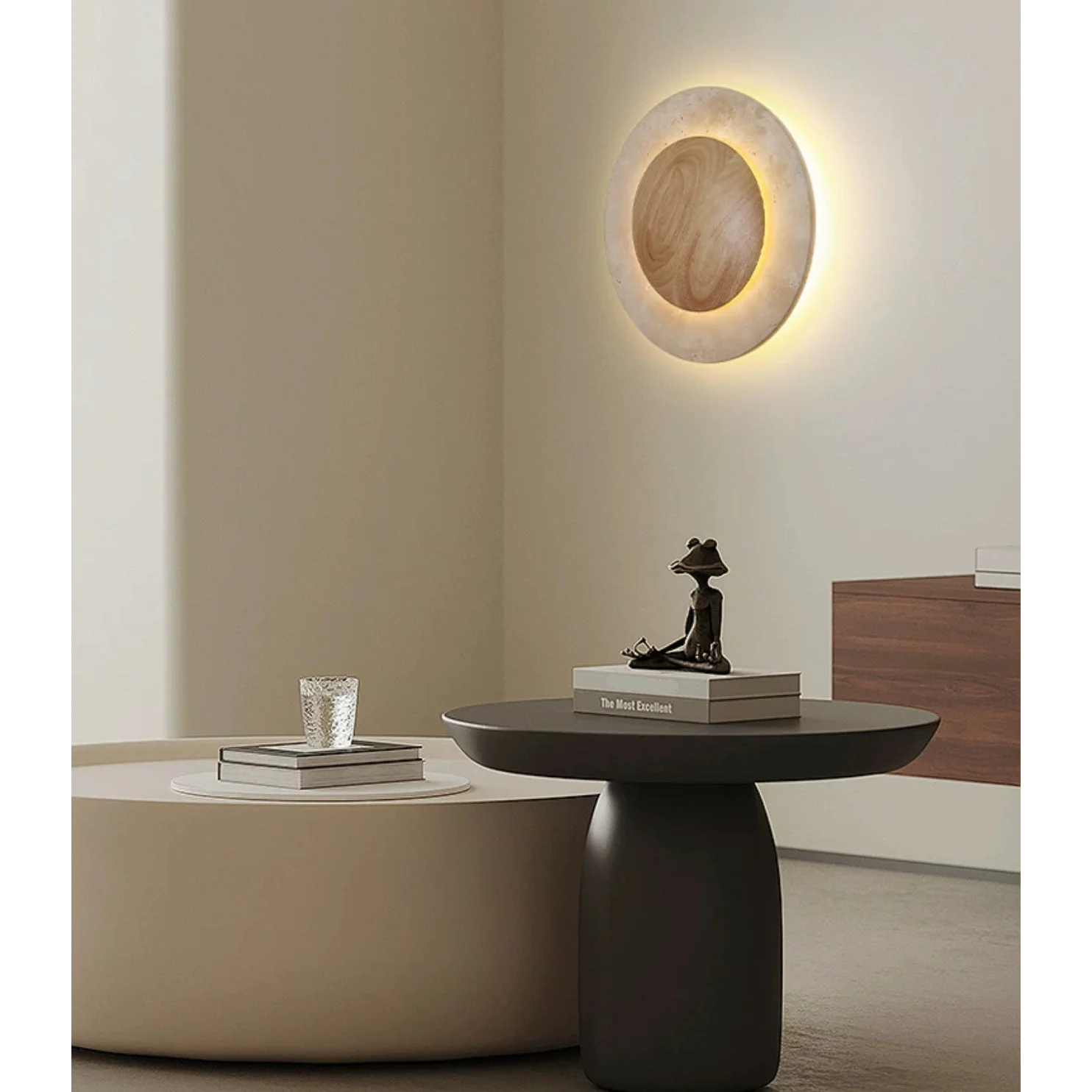 Minimalist Round Travertine and Wood Wall Lamp 25cm Diameter Warm Led Lighting