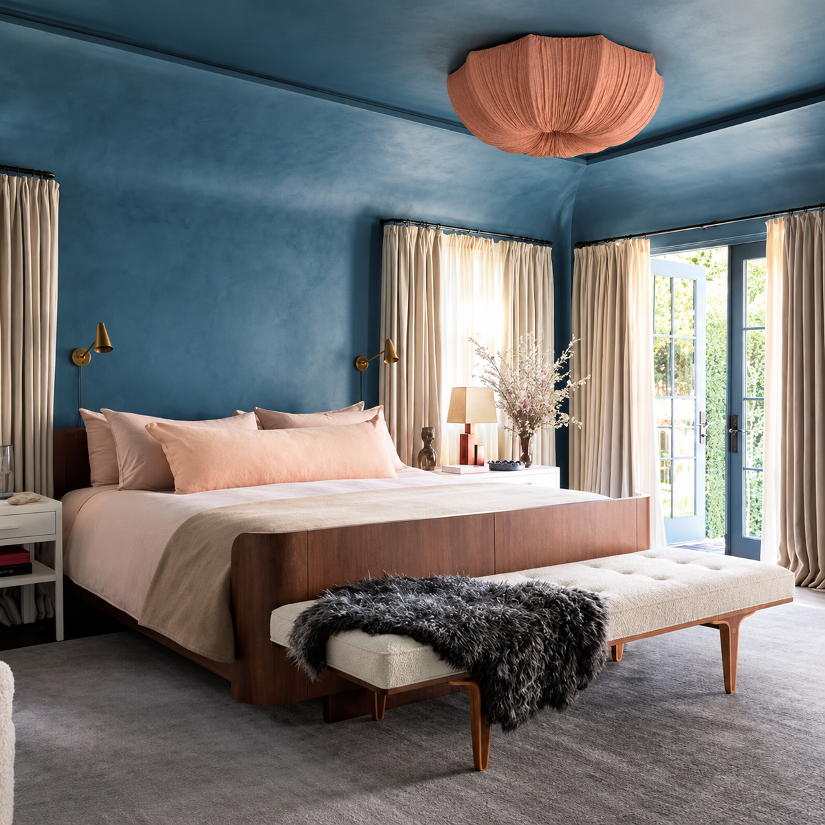 Sabina clay-coloured linen flush mount installed in a blue bedroom with a blush upholstered bed.
