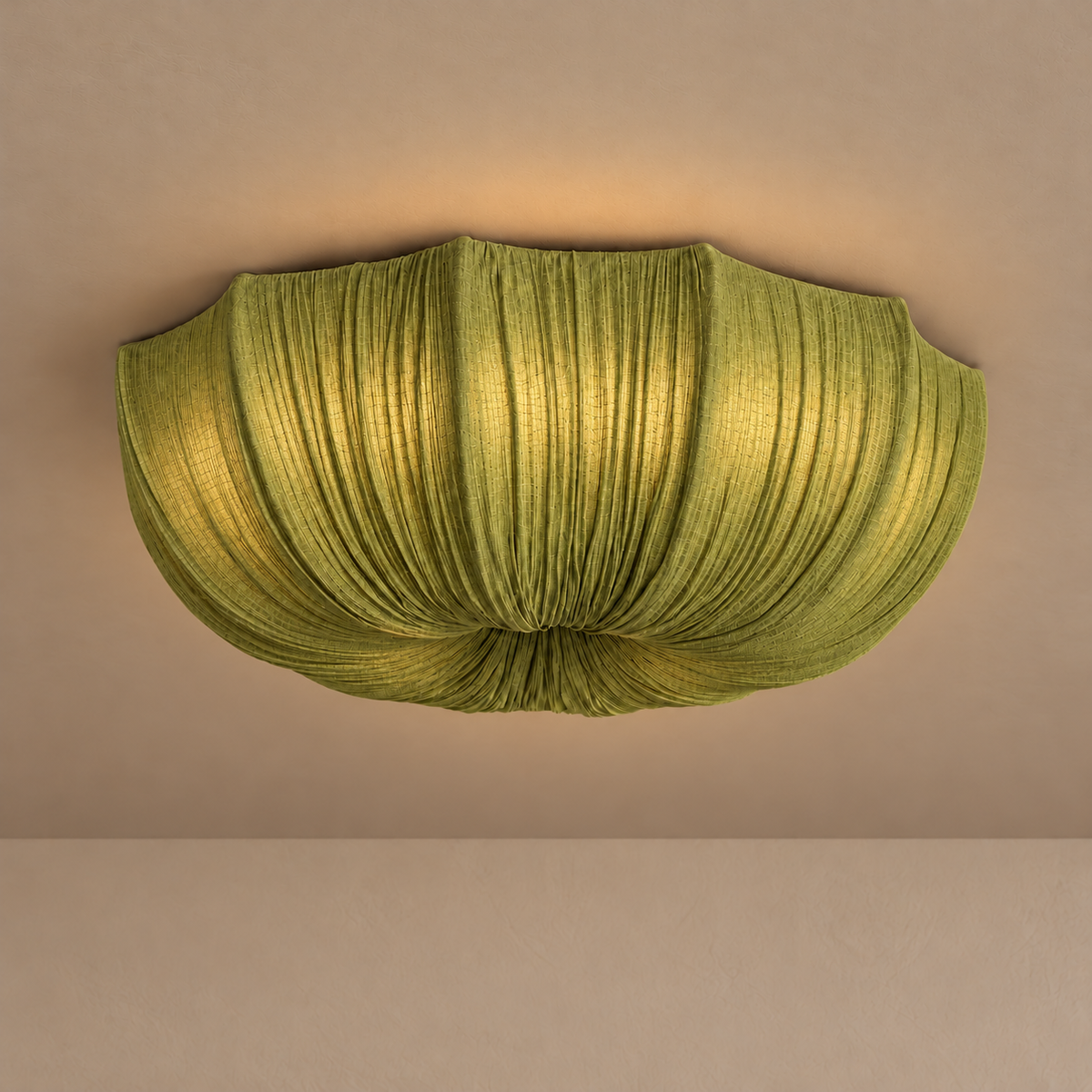60 cm Sabina flush mount glowing through its olive-green gathered linen shade.