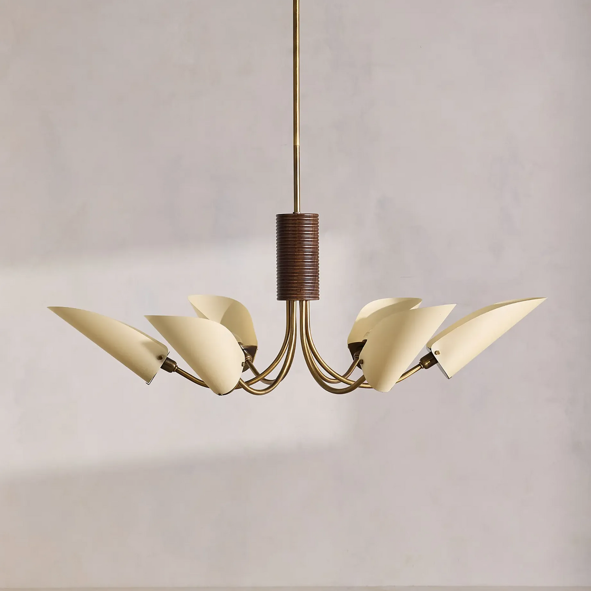 Mid-century Chandelier - Brass & Cream Fabric Shades | Modern Dining Room Lighting Casalolalights Luxury Lamps